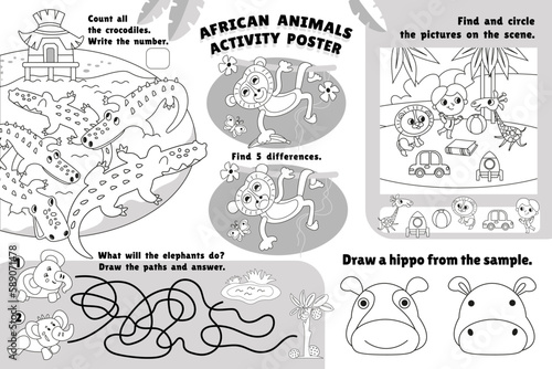 African animals activity poster. Connect pairs, maze, find differences, write numbers. Coloring page. Black and white games for kids in preschool. Cute cartoon characters.