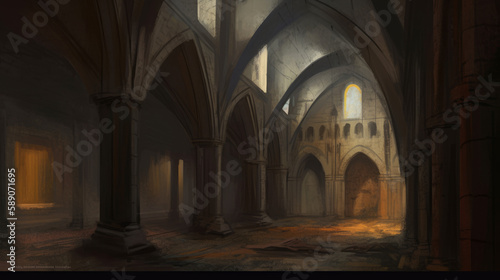 Medieval interior of 13th century with giants arches, generative ai