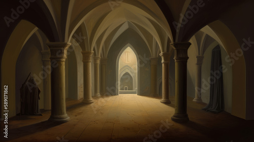 Medieval interior of 13th century with giants arches, generative ai