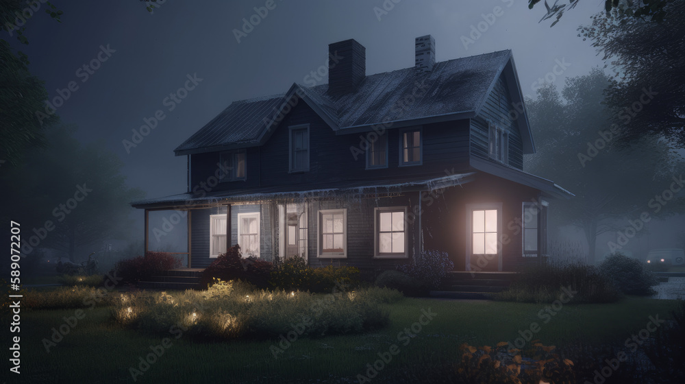 House in night with lights on country, generative ai House in night with lights on country, generative ai