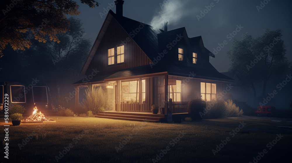 House in night with lights on country, generative ai