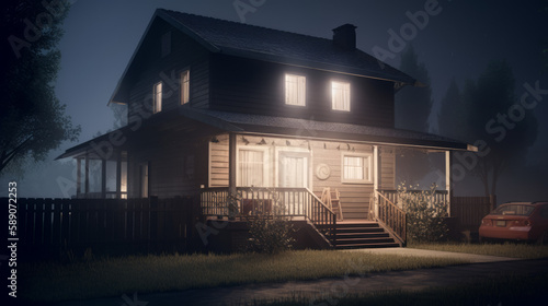 House in night with lights on country, generative ai © TheGoldTiger
