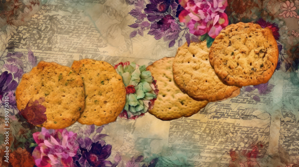 Cookies on paper with garden flowers, generative ai