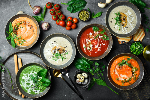 Colorful vegetable soups. Healthy food. In a bowl. The concept of vegetarian food.