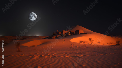 Sahara in night with stars and big bright glowing sand dune  generative ai