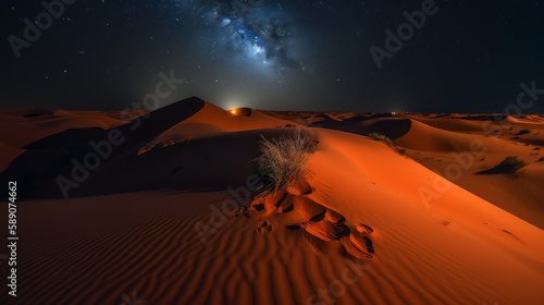 Sahara in night with stars and big bright glowing sand dune  generative ai