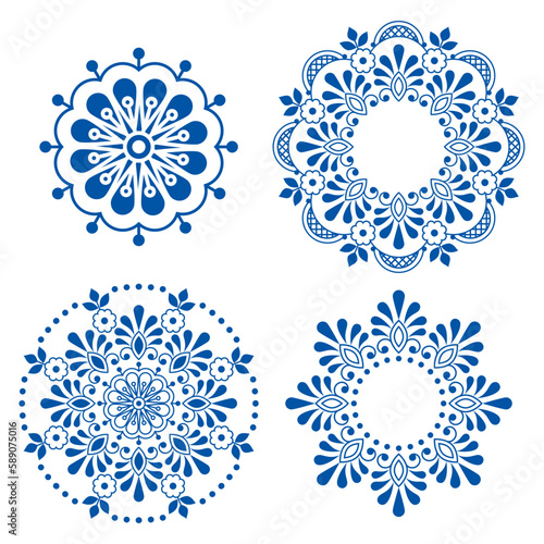 Scandinavian floral mandala vector design collection, retro outline decorationswith flowers inspired by lace and embroidery patterns 