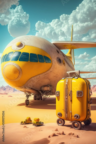 Train, an airplane, bus, car travels around the earth on yellow background. Time to travel concept,  Global transport network. AI Generative.