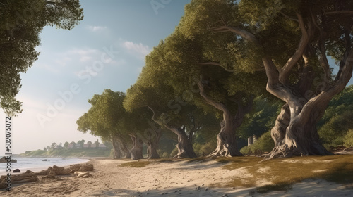 Seaside with wooded beach with wild forest around, generative ai