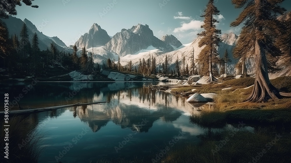 Snow Capped Mountains and Lake Landscape