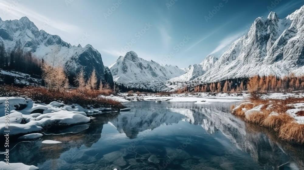 Snow Capped Mountains and Lake Landscape