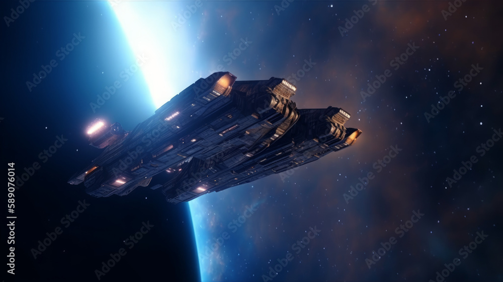 Spaceship flying towards space nebula, generative ai Spaceship flying towards space nebula, generative ai