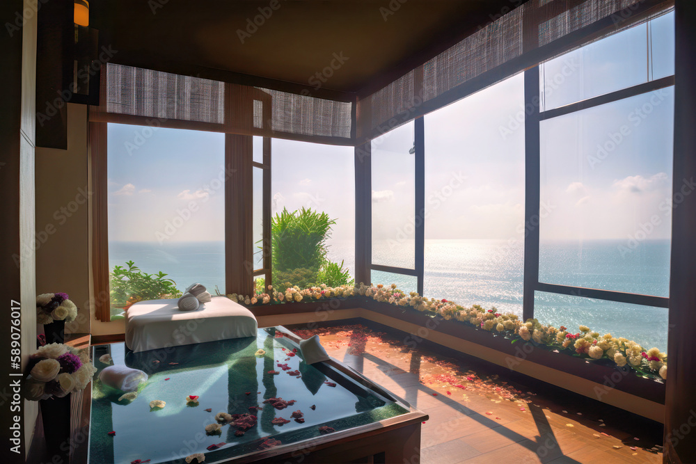 Fototapeta premium Spa with pool in Bali where you can see the beautiful ocean view, Generative AI