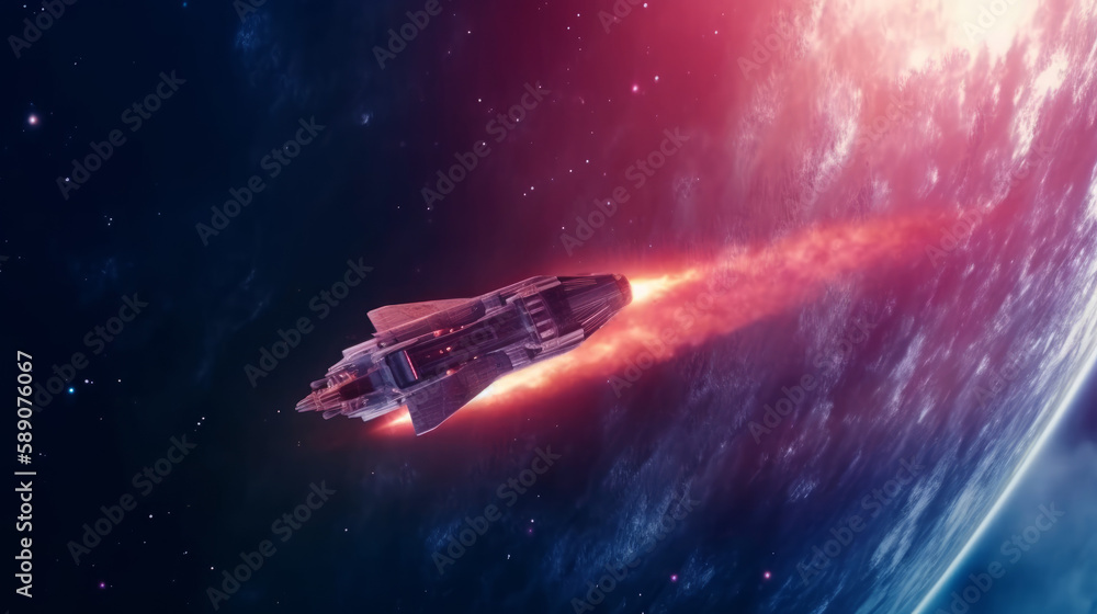 Obraz premium Spaceship flying towards space nebula, generative ai