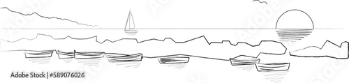 Vettoriale illustrazione di un paesaggio marino con barche ormeggiate all'interno di un porticciolo, e il sole all'orizzonte