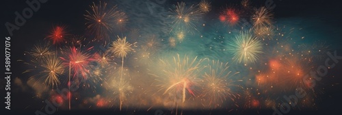 Colorful fireworks with bokeh background. Independence Day (4th of July) or New Year celebration, Abstract holiday background. Generative AI. © GustavsMD