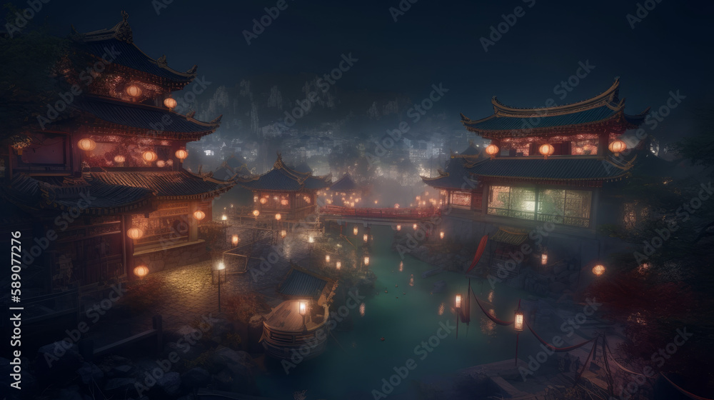 Landscape with old chinese town with lights and lampions, generative ai