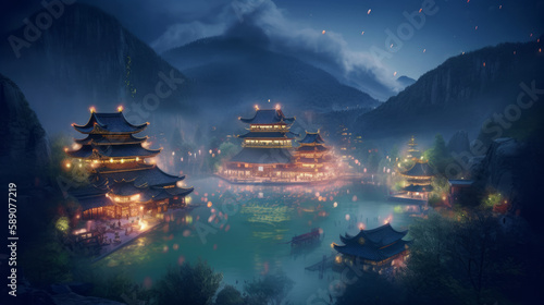 Landscape with old chinese town with lights and lampions, generative ai