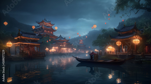Landscape with old chinese town with lights and lampions, generative ai © TheGoldTiger