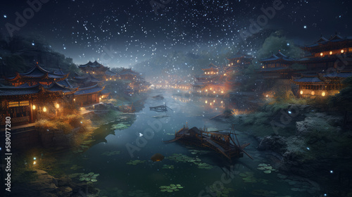 Landscape with old chinese town with lights and lampions  generative ai