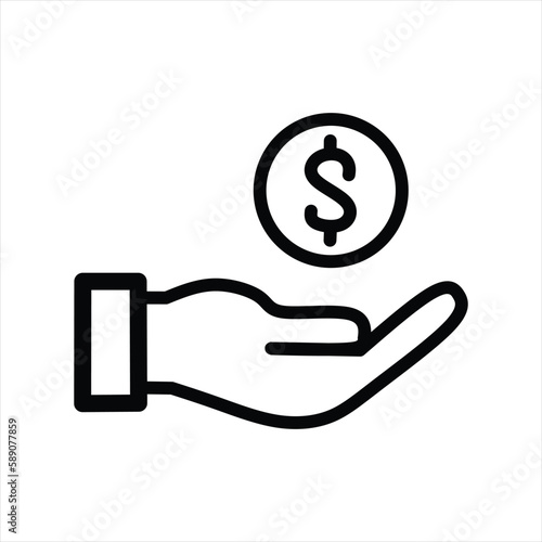 save money icon, salary money, invest finance, hand holding dollar, line symbols on white background 