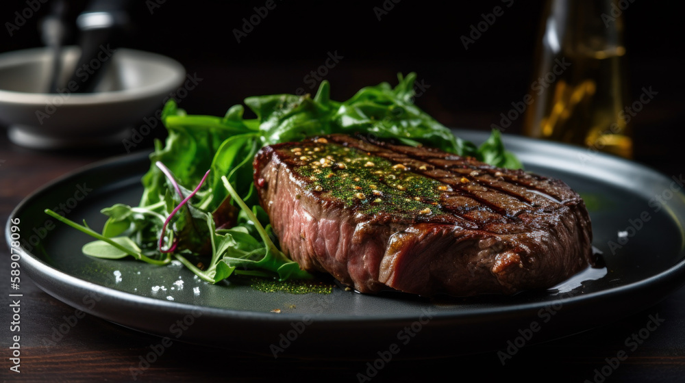 Medium rare steak with vegetables around, generative ai