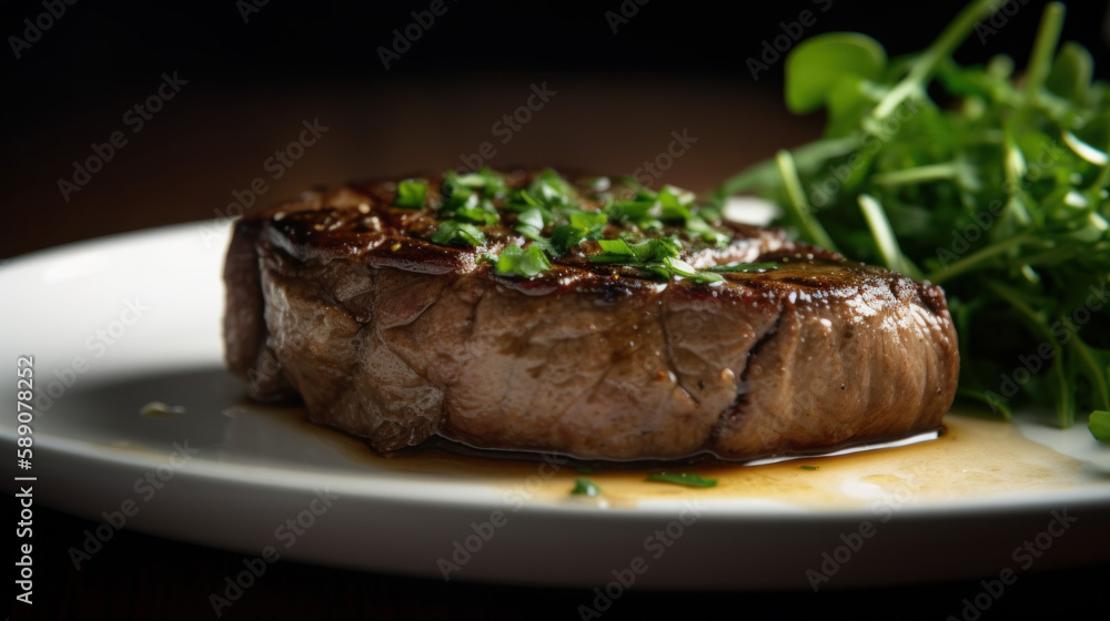 Medium rare steak with vegetables around, generative ai Medium rare steak with vegetables around, generative ai
