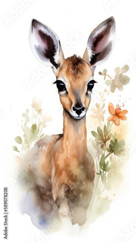 Watercolor deer art with flower details, generative ai
