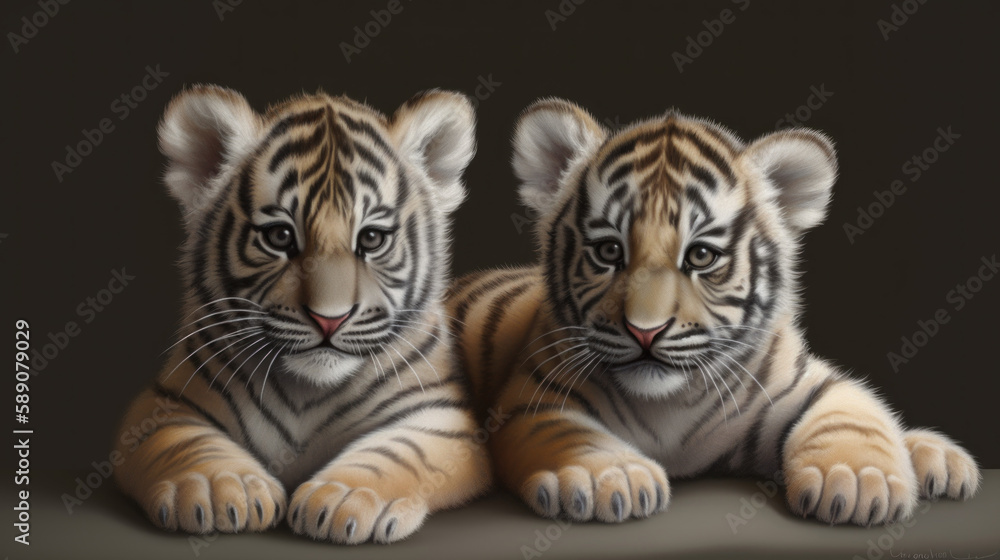 Obraz premium Two tiger cubs on dark background, cute small tigers, generative ai