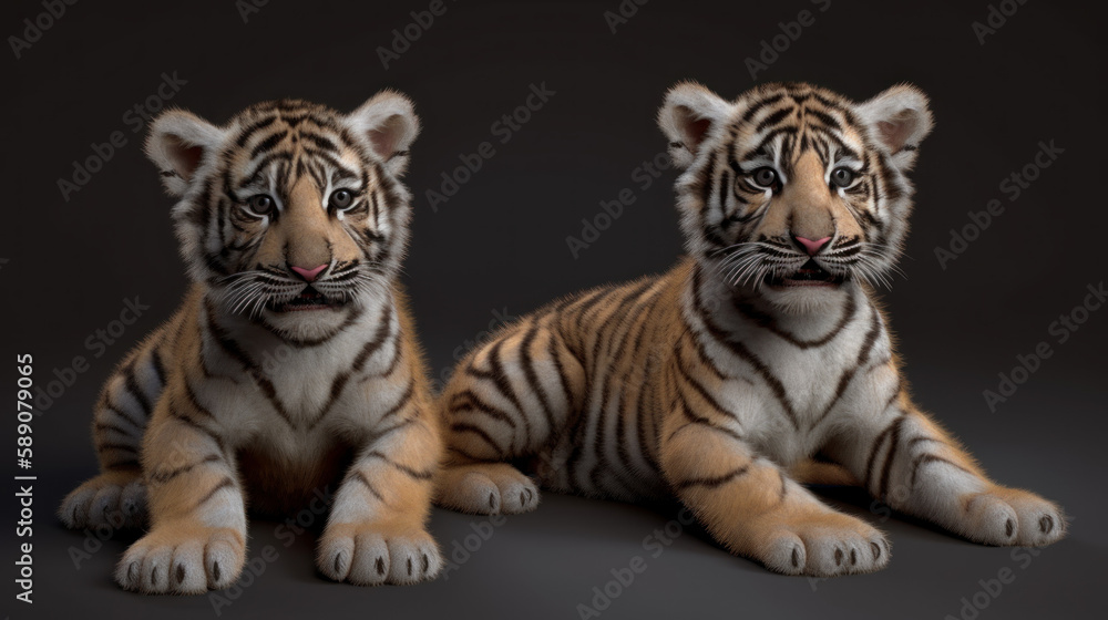 Obraz premium Two tiger cubs on dark background, cute small tigers, generative ai