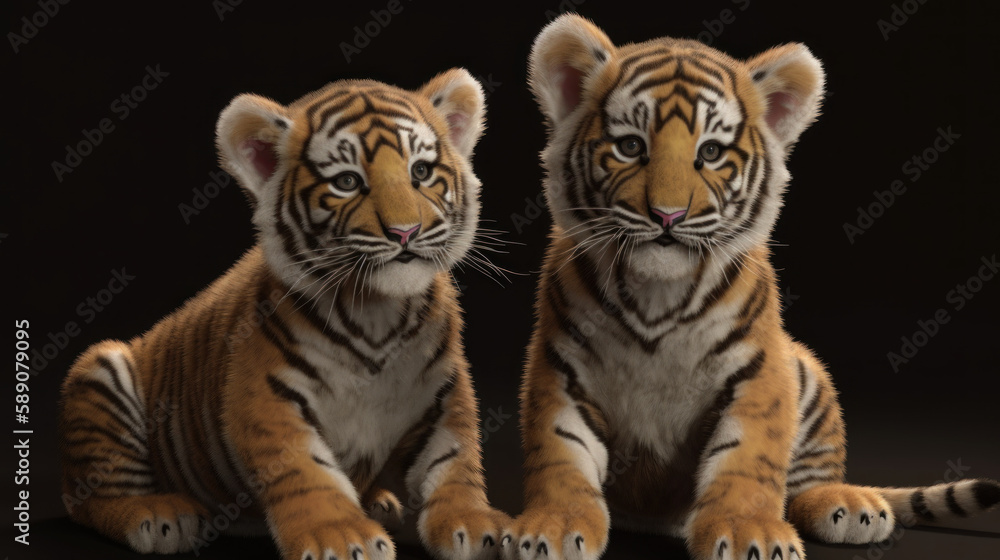 Obraz premium Two tiger cubs on dark background, cute small tigers, generative ai