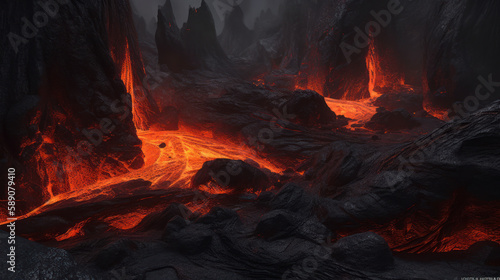 Underworld fortress with lava and extreme heat, hell under a world, generative ai