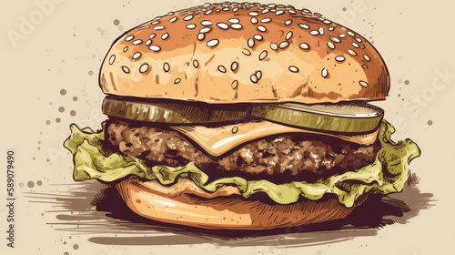 Illustration of a dalicious burger in closeup, generative ai photo