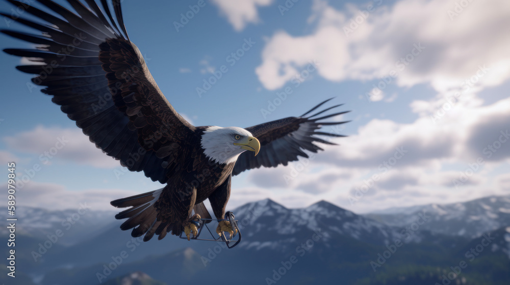 Obraz premium Cybernetic bald eagle. Eagle with electronic modifications, spy davices in nature, generative ai