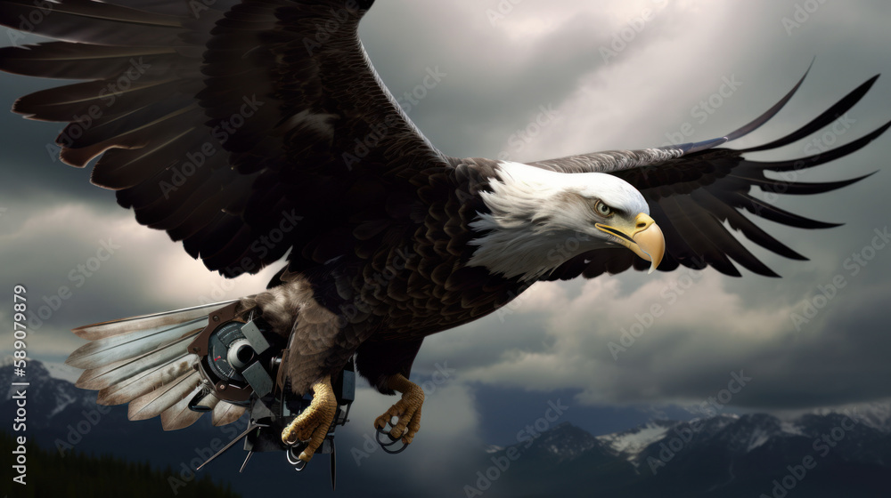 Obraz premium Cybernetic bald eagle. Eagle with electronic modifications, spy davices in nature, generative ai