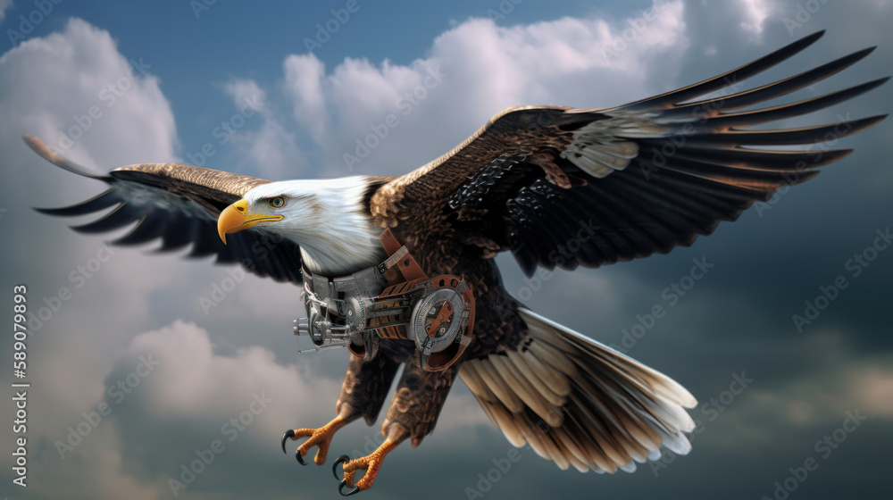 Obraz premium Cybernetic bald eagle. Eagle with electronic modifications, spy davices in nature, generative ai