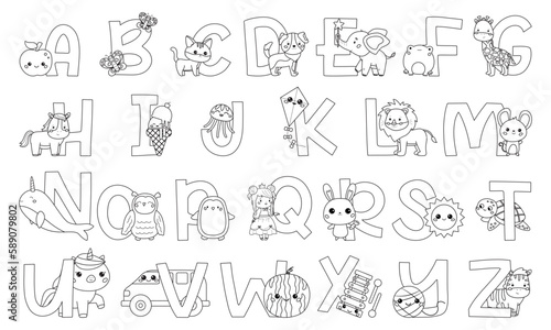 Coloring page with English alphabet letters. Cute animals, birds, food and objects. Funny ABC for kids. Children education. Kawaii cartoon characters. Coloring book. Vector illustration.