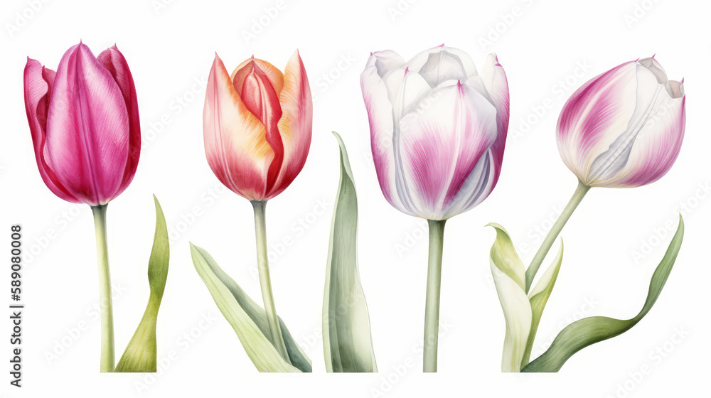 Watercolor 3 tulip on white background, nature made with watercolor, generative ai Watercolor 3 tulip on white background, nature made with watercolor, generative ai