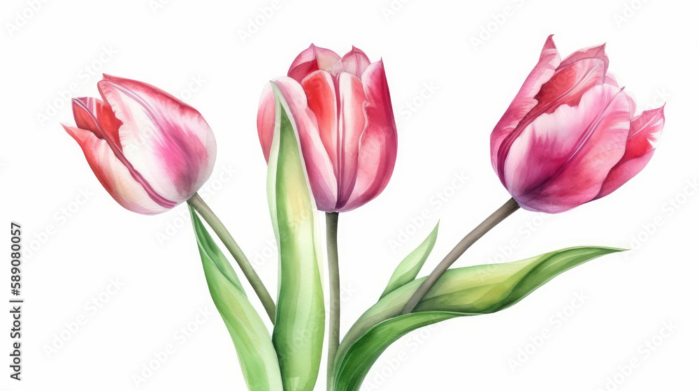 Watercolor 3 tulip on white background, nature made with watercolor, generative ai Watercolor 3 tulip on white background, nature made with watercolor, generative ai