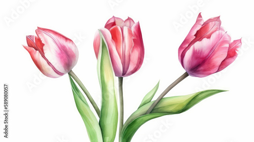 Watercolor 3 tulip on white background  nature made with watercolor  generative ai