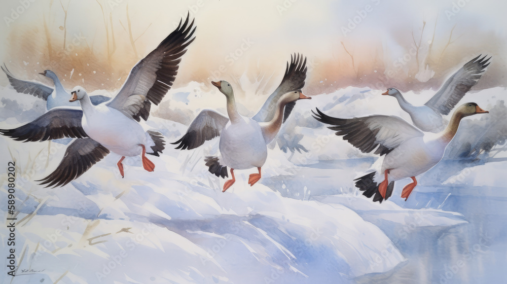 Watercolor painting, flying geese and snowy landscape in background, migrating birds, generative ai Watercolor painting, flying geese and snowy landscape in background, migrating birds, generative ai