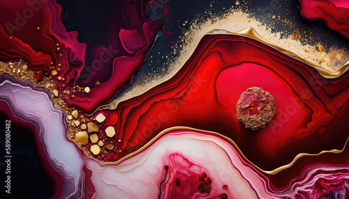 Beautiful Crimson Paint Swirls with Gold Glitter. Contemporary Design Wallpaper. Generative AI.