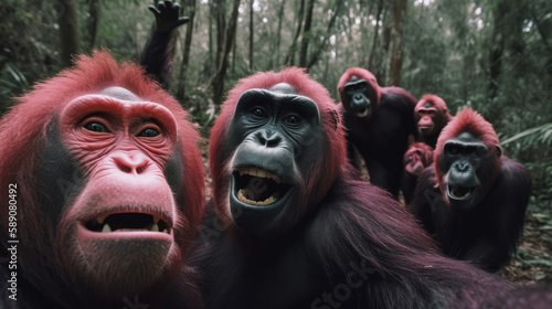 Wildlife selfie of group of gorillas in jungle, generative ai © TheGoldTiger