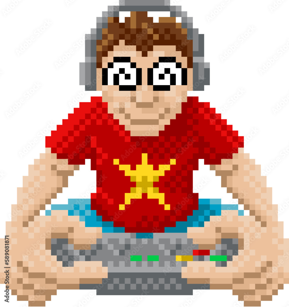A boy, young man, kid or child gamer playing video games on his console vintage retro pixel art style cartoon A boy, young man, kid or child gamer playing video games on his console vintage retro pixel art style cartoon