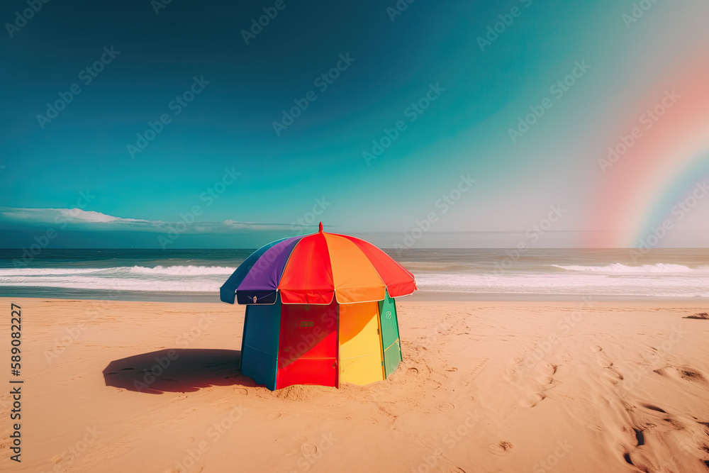 A rainbow umbrella and sun shade on a beach, generative ai illustration