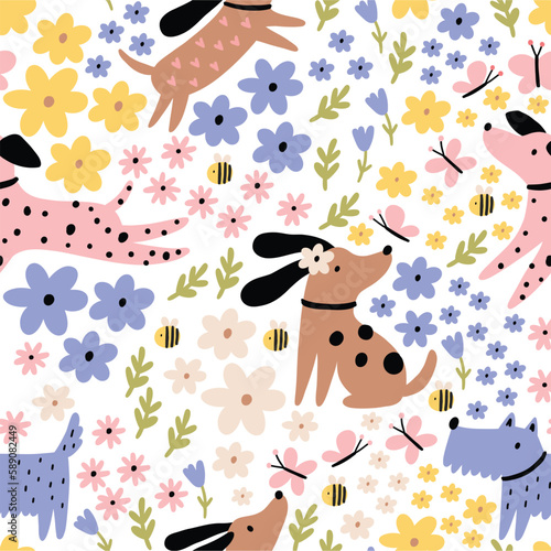 Cute cartoon summer dogs and flowers. Vector print pet in garden. Floral seamless pattern 