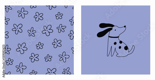 Cute cartoon summer dogs and flowers. Vector print pet in garden. Floral seamless pattern 