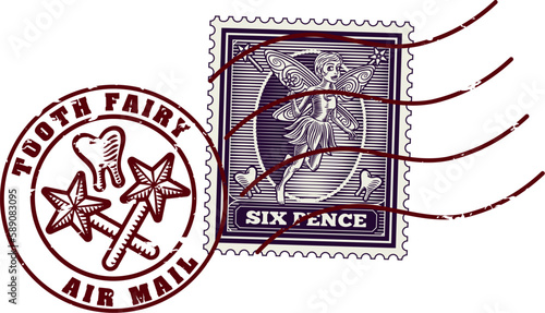 Tooth fairy letter postage stamp and airmail postmark. Air mail post mark featuring a tooth and magic wands.