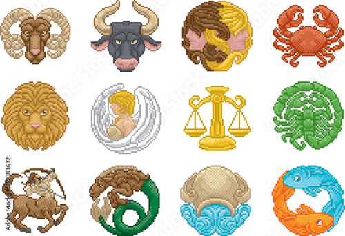 Zodiac horoscope or astrology signs in a retro video game arcade 8 bit pixel art style