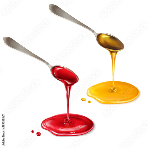 Sweet honey and jam dripping from a spoon, isolated on a white background